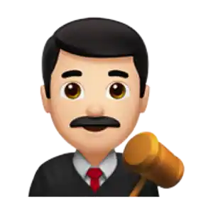 A cartoon judge with a mustache, wearing a black robe and holding a gavel.